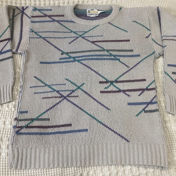 Vintage 90s London Fog Abstract Blue Purple Lines Striped Sweater Men’s Large - Picture 2 of 7